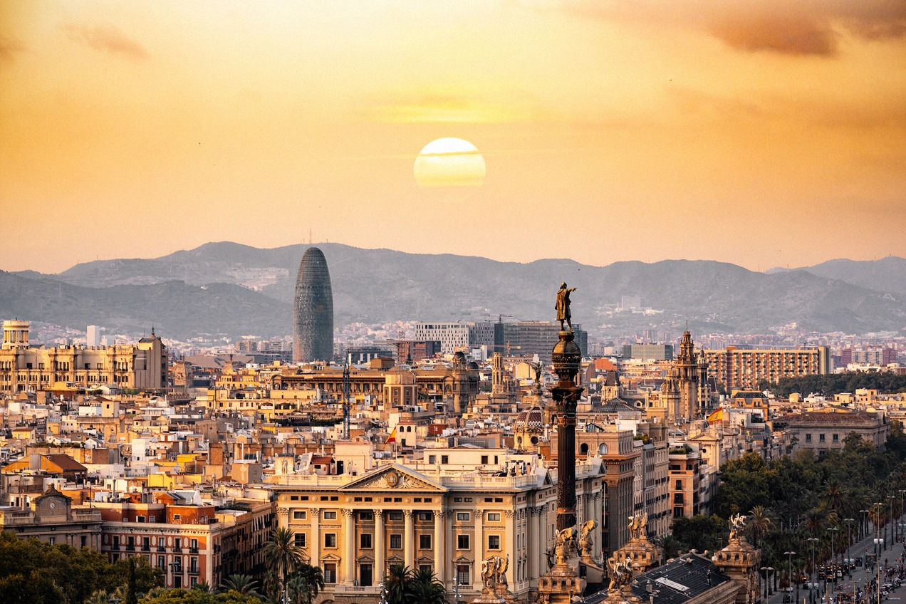 Barcelona at sunset with the Columbus Monument